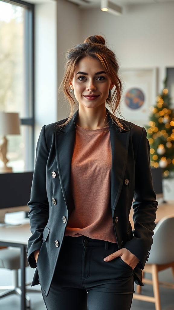 A mannequin dressed in a blazer over a long-sleeve tee, set in a cozy office environment.
