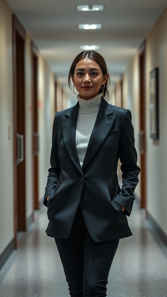 A woman in a dark blazer and light turtleneck standing in a hallway, showcasing a trendy business casual outfit.