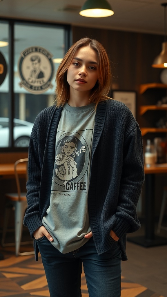 A young woman wearing a dark cardigan over a graphic tee, standing in a cozy cafe setting.