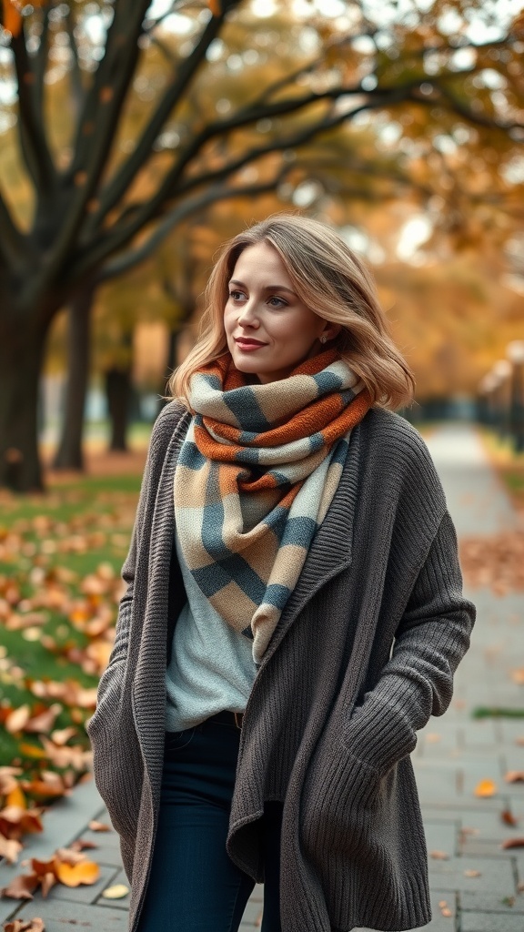 A woman wearing a cozy cardigan and a patterned scarf, walking in a park with autumn leaves.