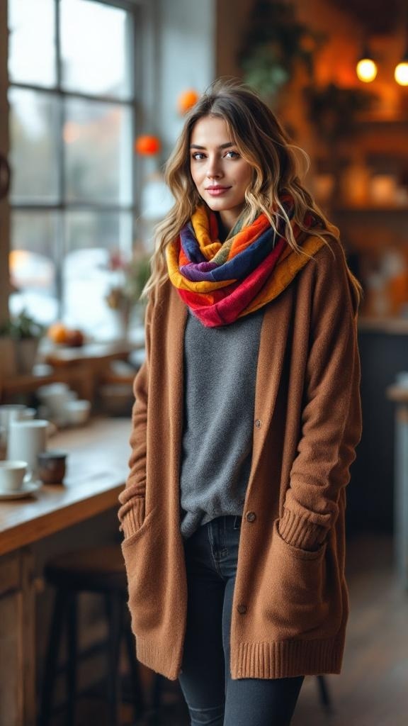 A woman in a cozy brown cardigan and colorful scarf, standing in a warm, inviting café.
