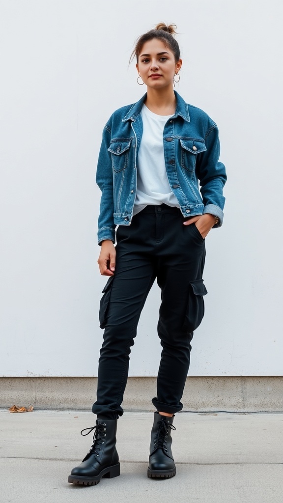 A woman wearing a denim jacket over a white t-shirt and black cargo pants, standing confidently.