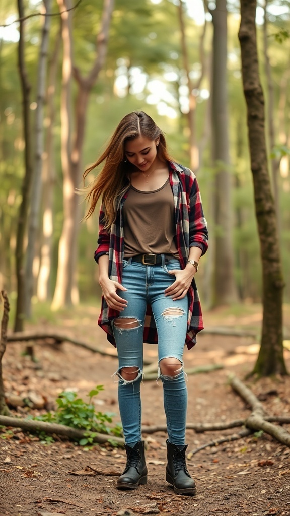 A woman wearing a flannel shirt over a tank top, paired with ripped jeans and boots, standing in a forest.