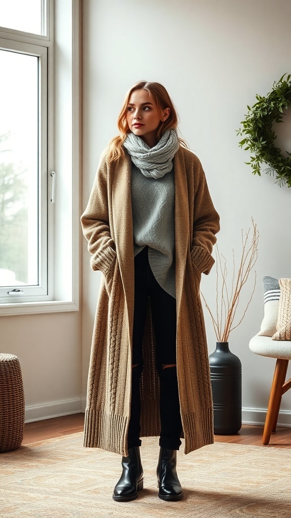 A woman wearing a long beige cardigan over a gray sweater, black jeans, and black ankle boots, standing in a cozy indoor setting.