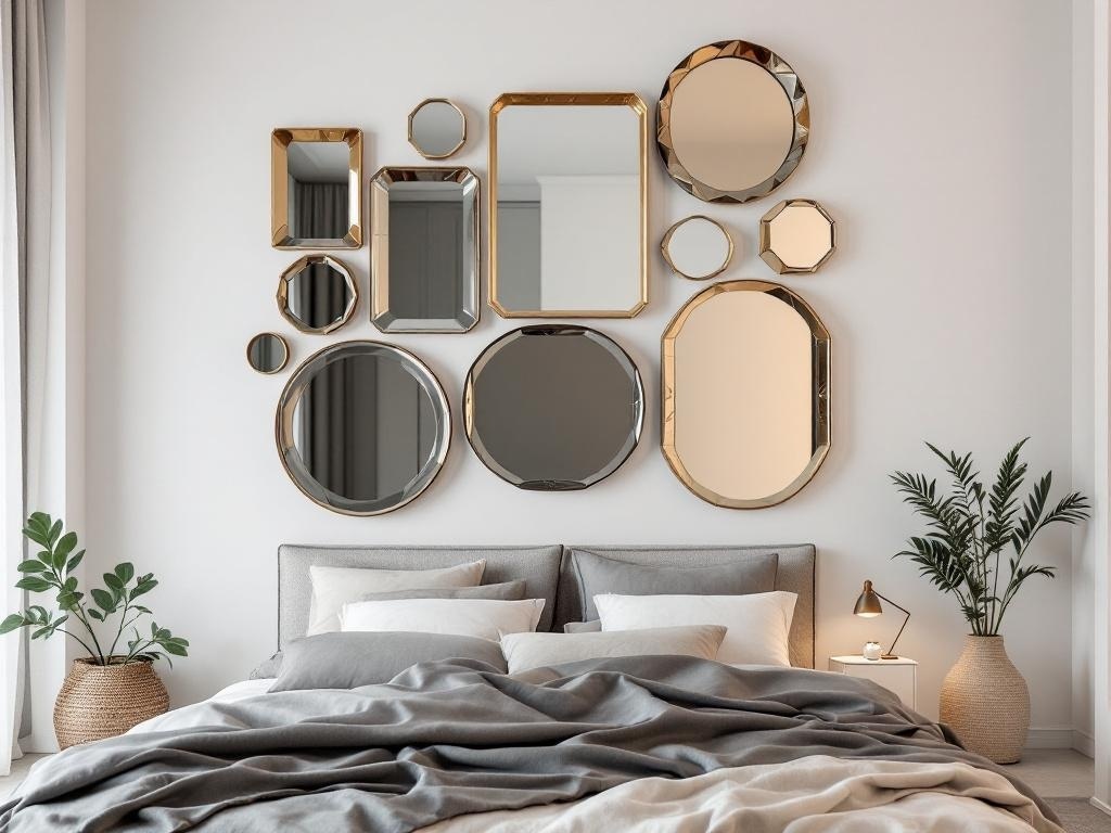 A stylish arrangement of layered mirrors in various shapes and sizes on a bedroom wall.