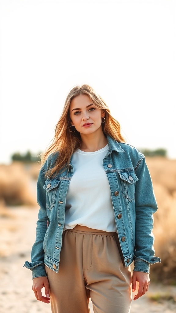A woman wearing a light denim jacket over a white top and beige trousers, standing outdoors.