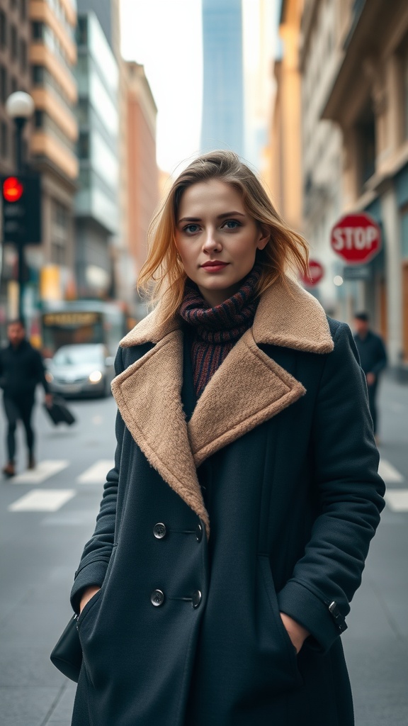 A woman in a stylish coat with a cozy collar standing on a city street.