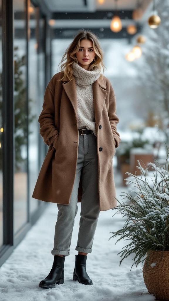 A woman in a cozy turtleneck and stylish coat, standing in a snowy outdoor setting.