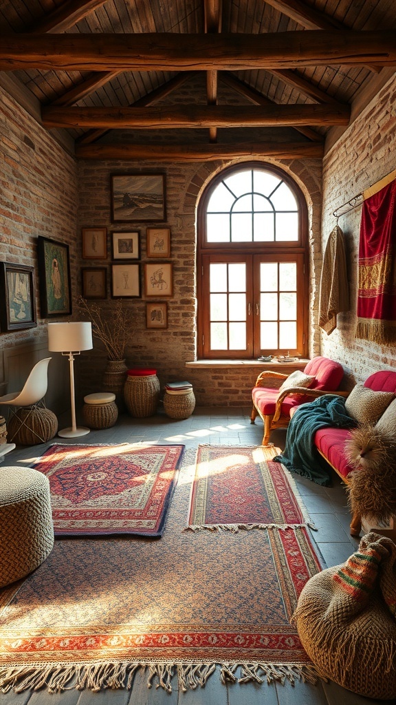 A rustic room featuring layered rugs and cozy textiles.