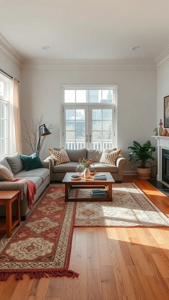 A cozy living room with layered rugs, showcasing a warm and inviting atmosphere.