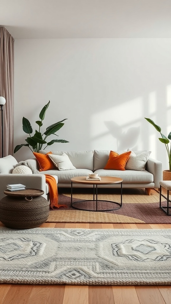 Cozy living room with layered rugs, a sofa with colorful cushions, and plants