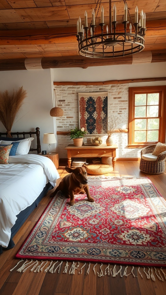 A modern rustic bedroom featuring layered rugs for comfort.