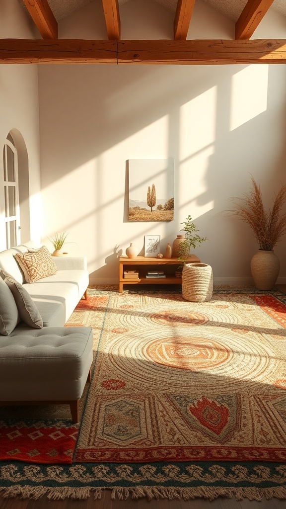 A cozy living room with layered rugs, sunlight streaming through the windows, and a comfortable sofa.