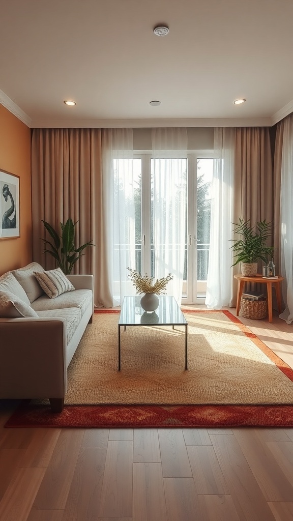 Cozy living room with layered rugs, a light sofa, and plants, showcasing fall home decor.