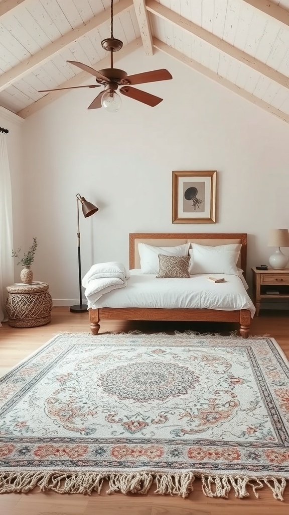 A coastal bedroom featuring a layered rug under a bed, with light-colored bedding and wooden furniture.
