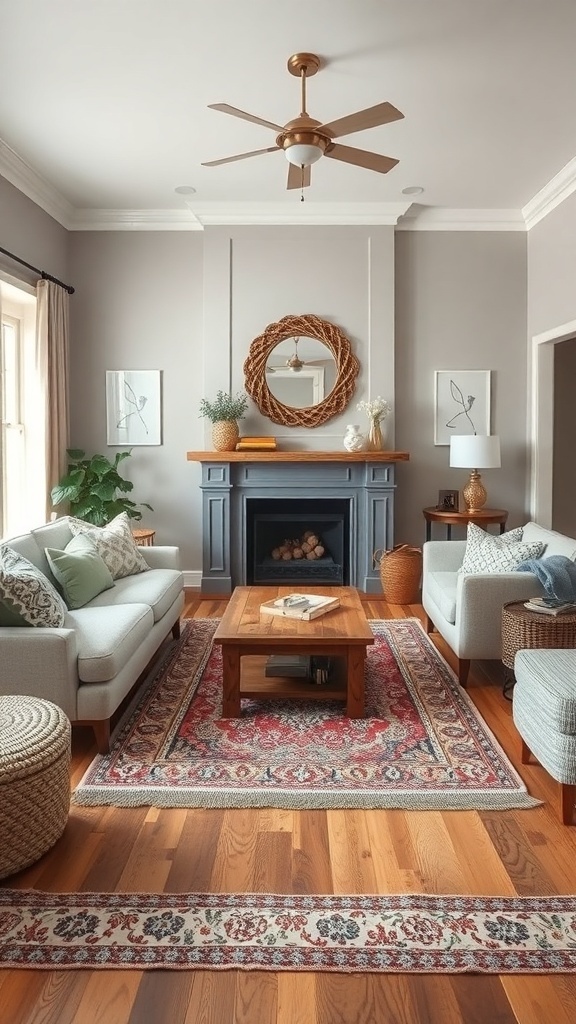 A cozy farmhouse living room featuring layered rugs, a wooden coffee table, and comfortable seating.