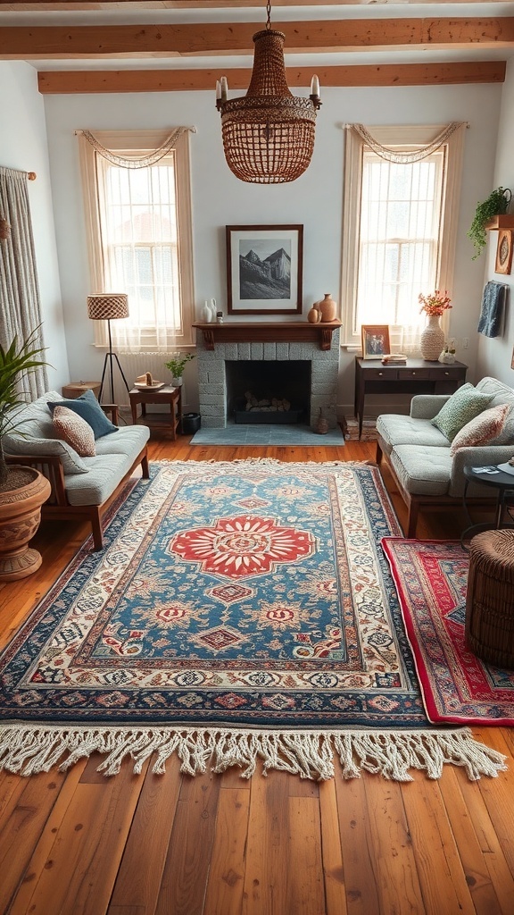 A cozy boho farmhouse living room with layered rugs, featuring a large colorful rug and smaller complementary rugs.