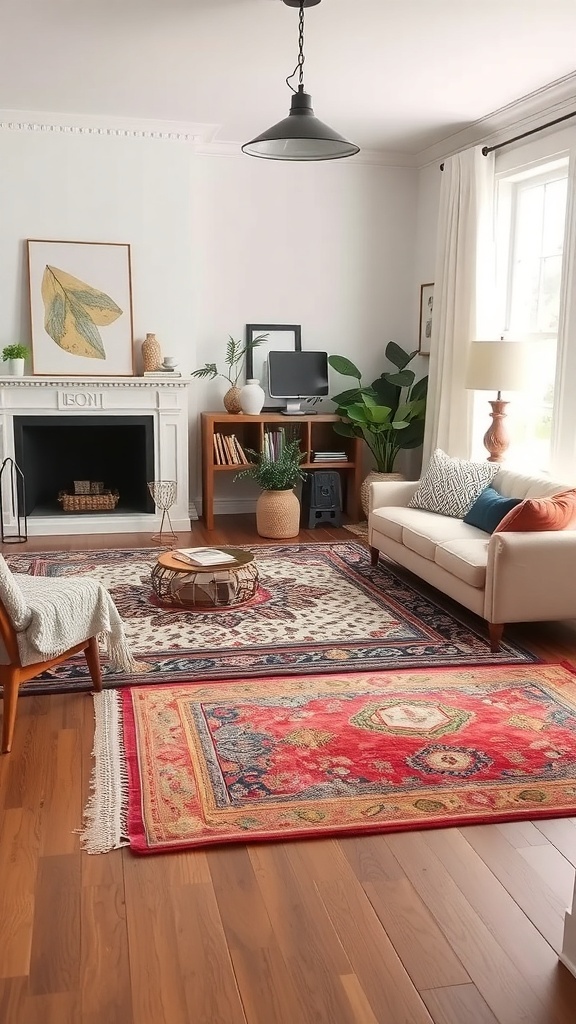 A modern rustic living room featuring layered rugs, a cozy sofa, and a warm atmosphere.