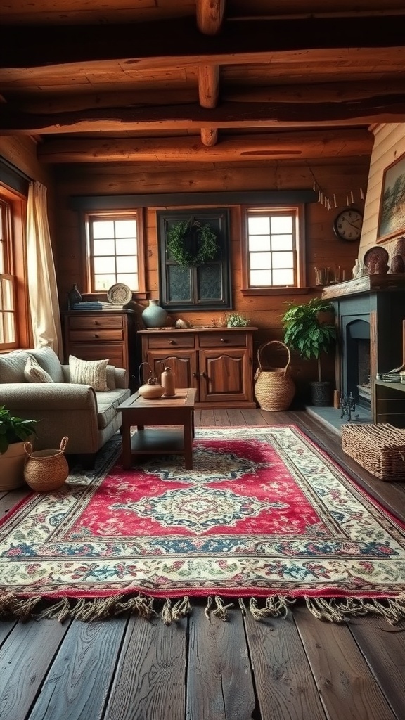 A rustic living room featuring layered rugs, wooden beams, and natural decor.