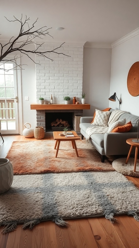 A cozy winter living room featuring layered rugs, a fireplace, and a comfortable sofa.