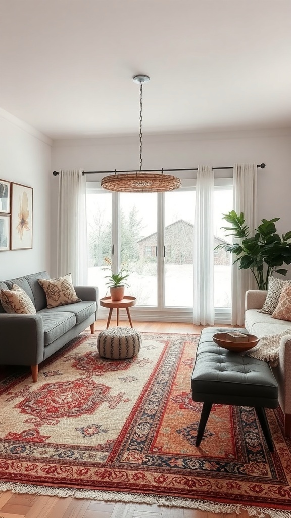 A cozy winter living room featuring layered rugs, a comfortable sofa, and large windows.