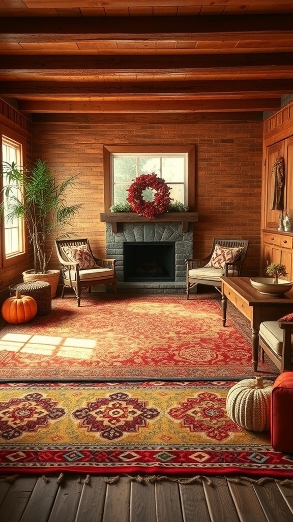 Cozy living room with layered rugs, wooden beams, and fall decor