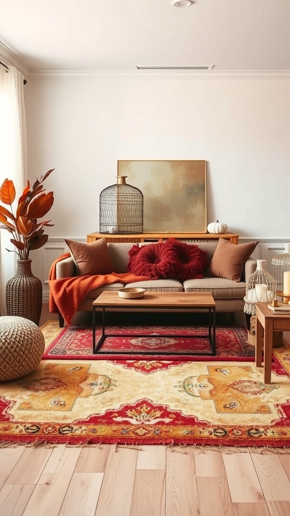 A cozy living room with layered rugs, warm colors, and autumn decor.
