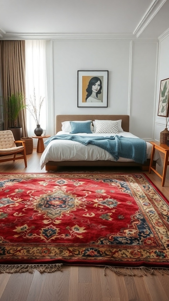 A beautifully layered rug setup in a modern bedroom with a red patterned rug over a neutral base.
