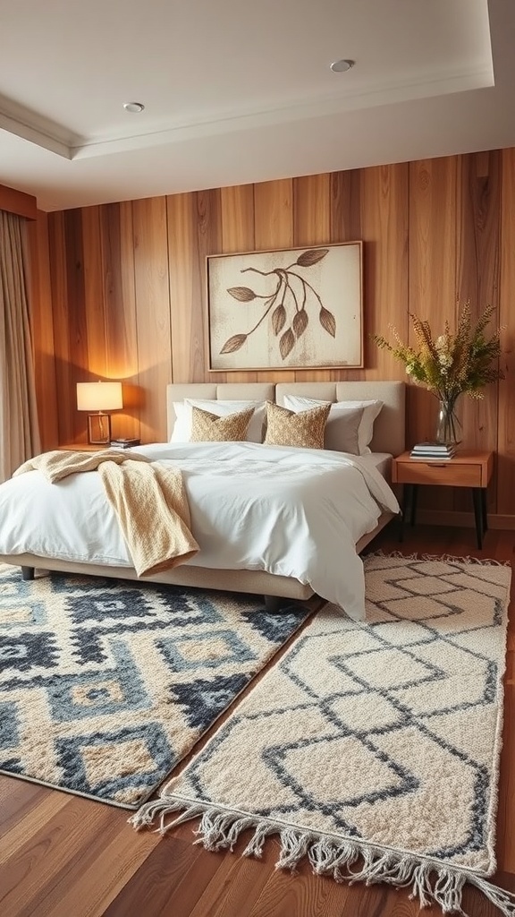 A warm modern bedroom featuring layered rugs, a bed with soft bedding, and natural light.