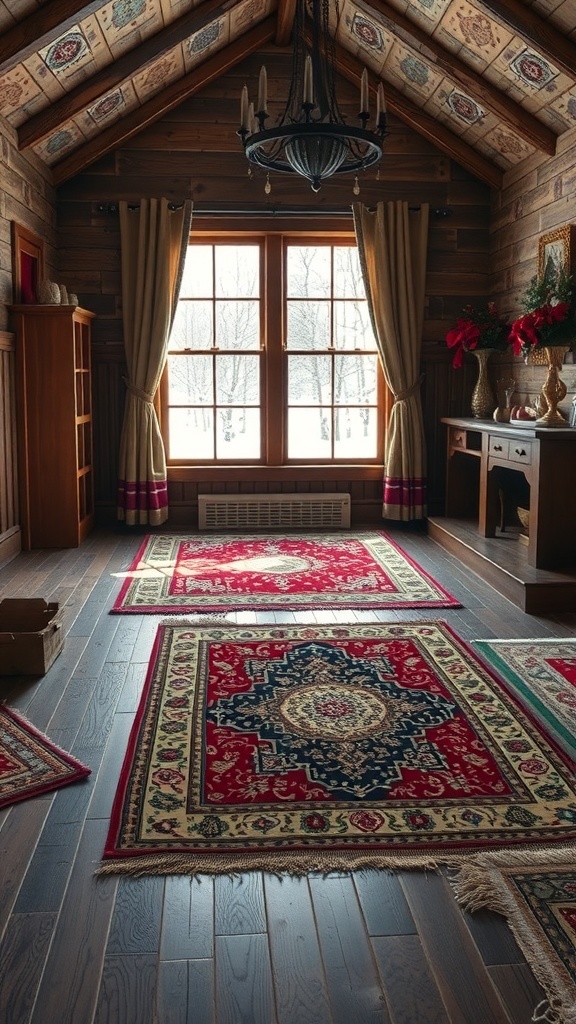 A cozy winter room with layered rugs, wooden flooring, and a snowy view outside.