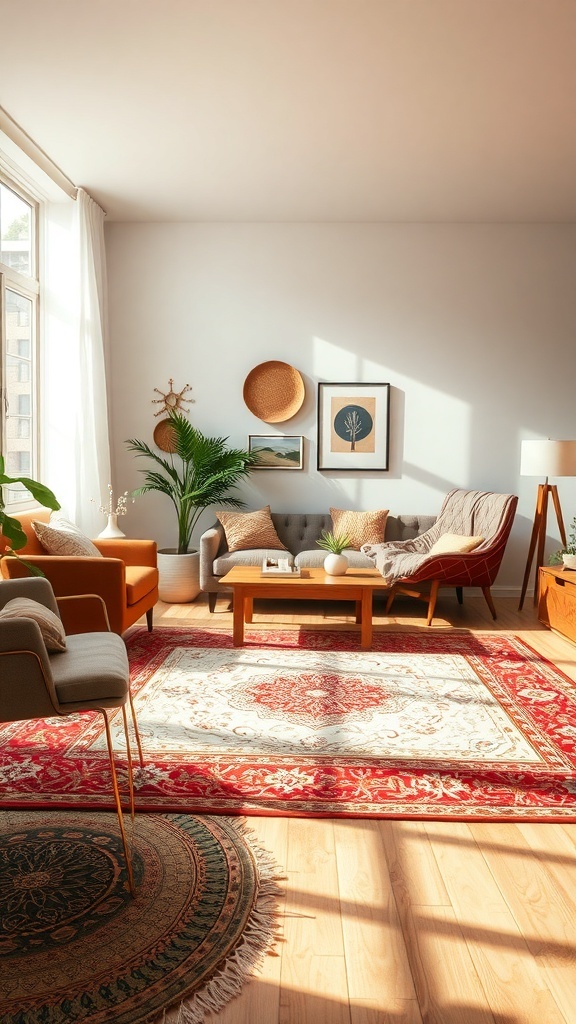 A cozy living room with layered rugs, featuring a large ornate rug and a smaller round rug, surrounded by comfortable seating and warm decor.