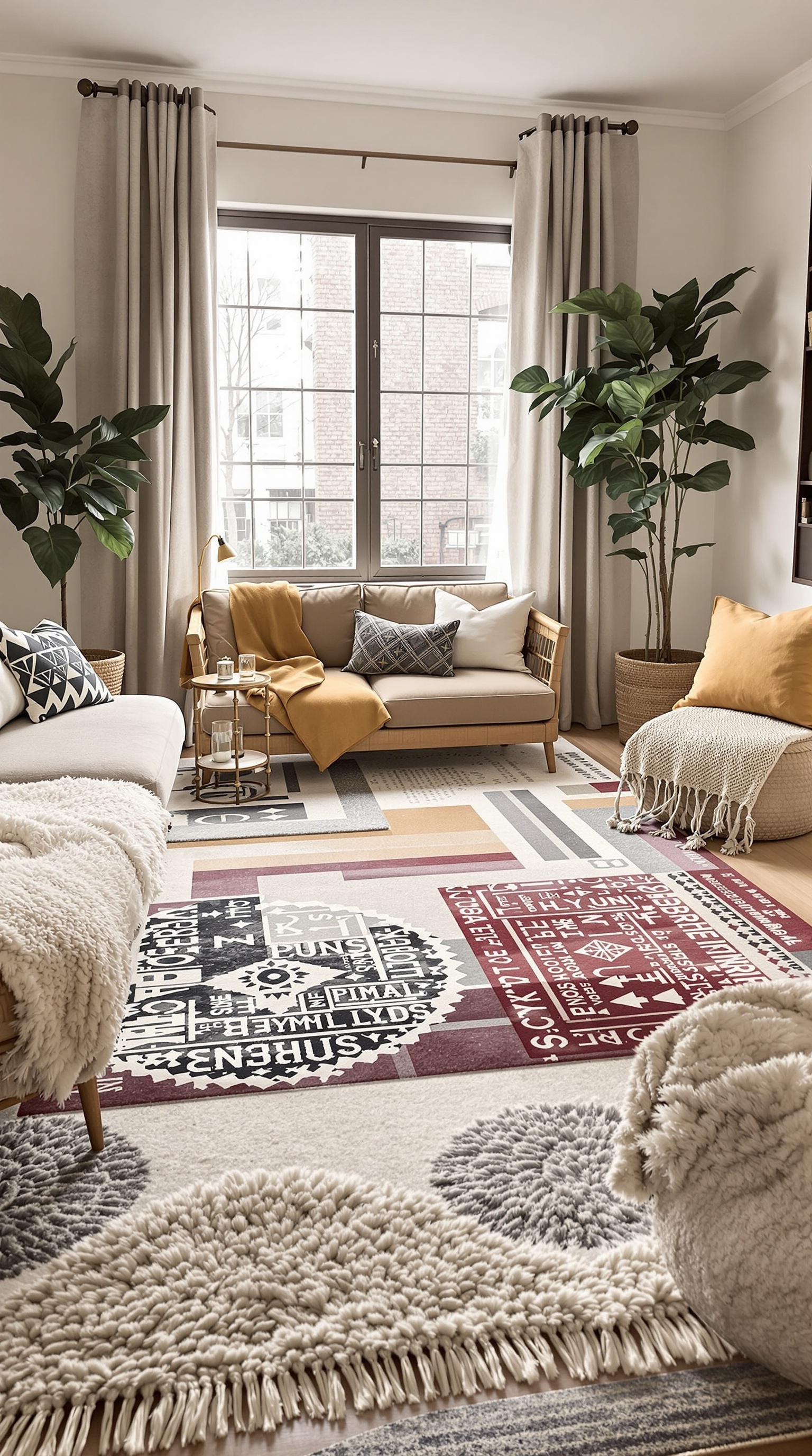 A cozy living room with layered rugs, featuring a mix of textures and patterns for warmth.