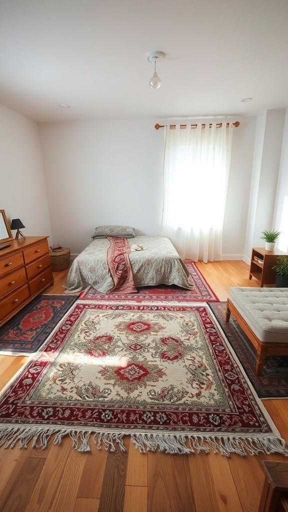 A cozy bedroom featuring layered rugs, a bed with a patterned cover, and wooden furniture.