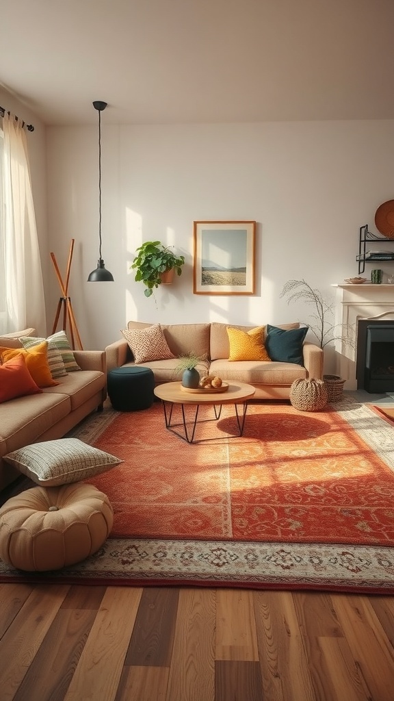 A cozy living room with layered rugs, featuring an orange top rug and a patterned bottom rug, surrounded by comfortable seating and decorative pillows.