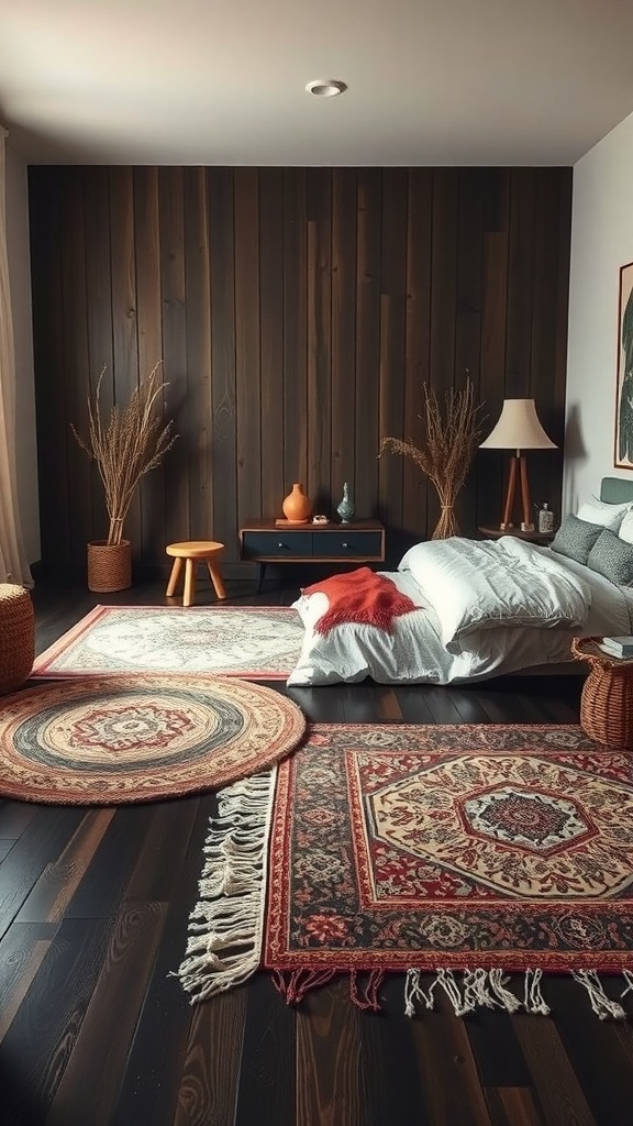 A cozy bedroom featuring layered rugs on dark wooden flooring, with a bed, lamp, and decorative elements.