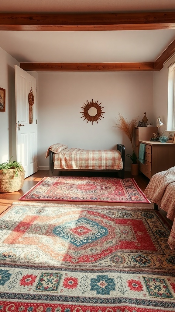 A cozy bedroom with layered rugs, featuring a patterned rug on top of a neutral one, creating a warm and inviting atmosphere.