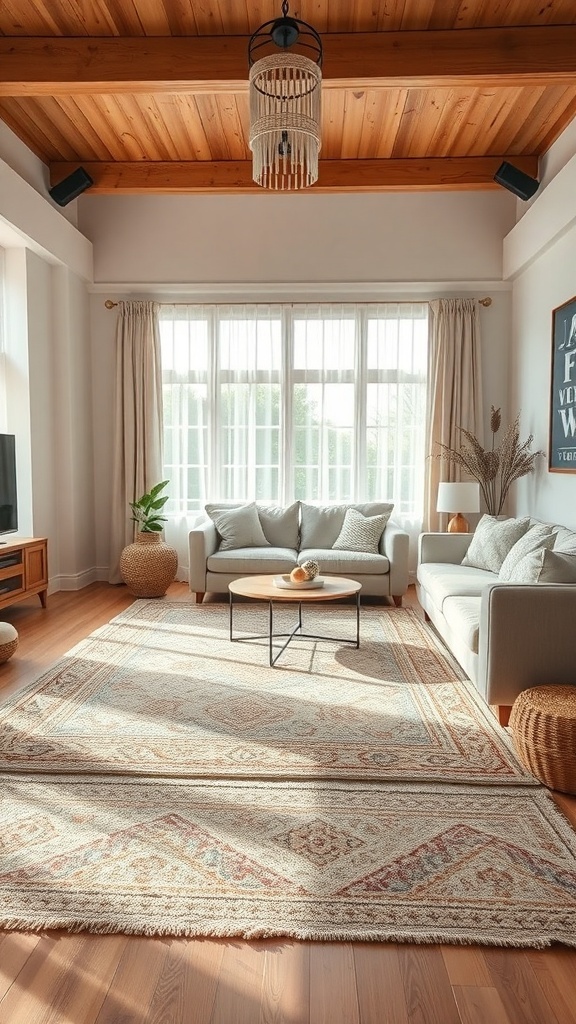 A cozy living room with layered rugs, a sofa, and natural light.