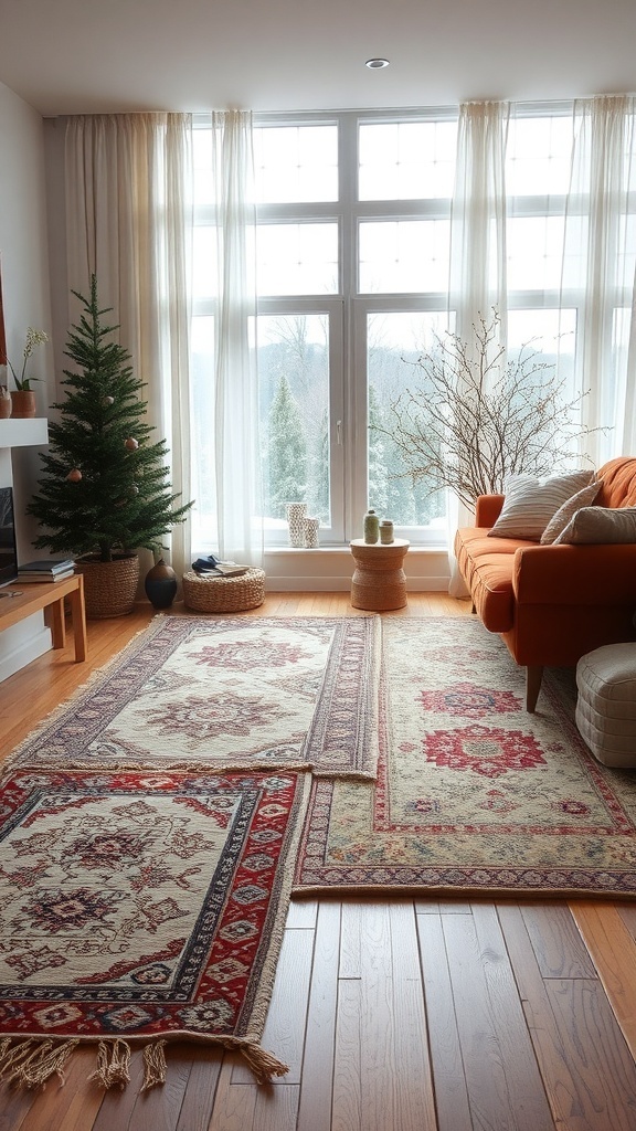 A cozy living room with layered rugs, a tree, and a warm sofa.