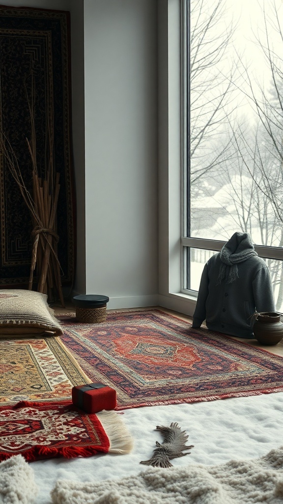 A cozy winter room with layered rugs, a warm blanket, and a window view of snow.