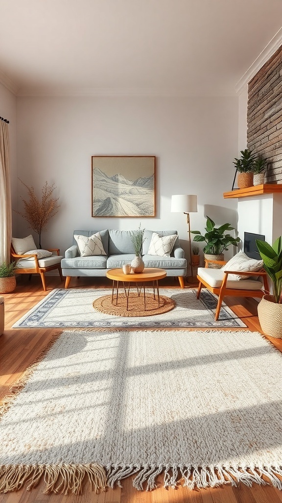 A cozy living room with layered rugs, featuring a neutral large rug and a smaller round rug, surrounded by plants and a comfortable sofa.