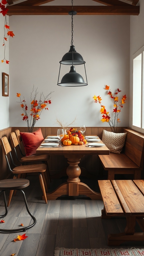 A cozy fall dining setup with a wooden table, mixed seating options, and autumn decorations.