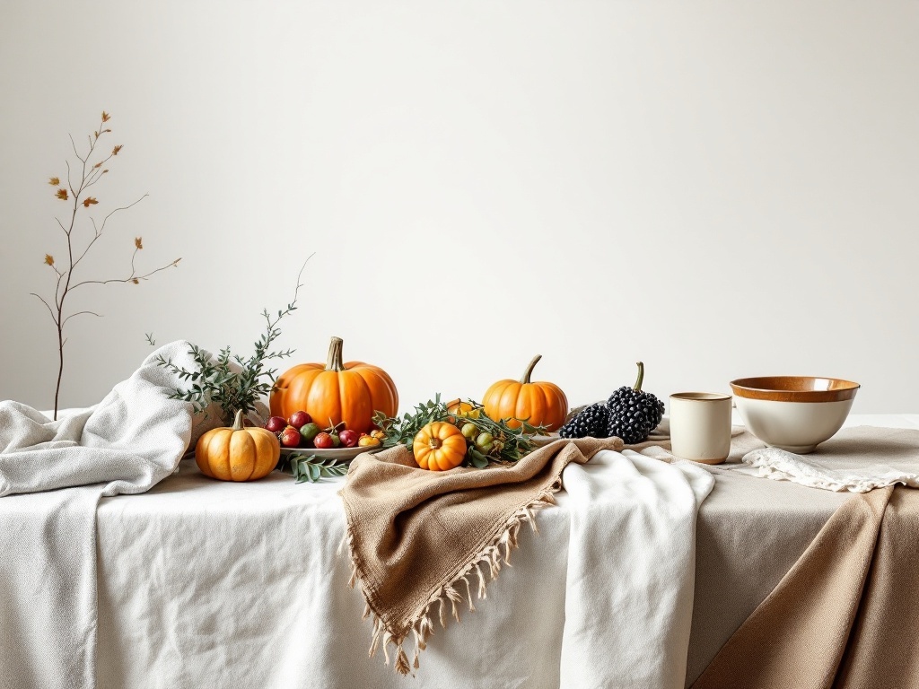 A Thanksgiving table with layered linens, pumpkins, and decorative elements.