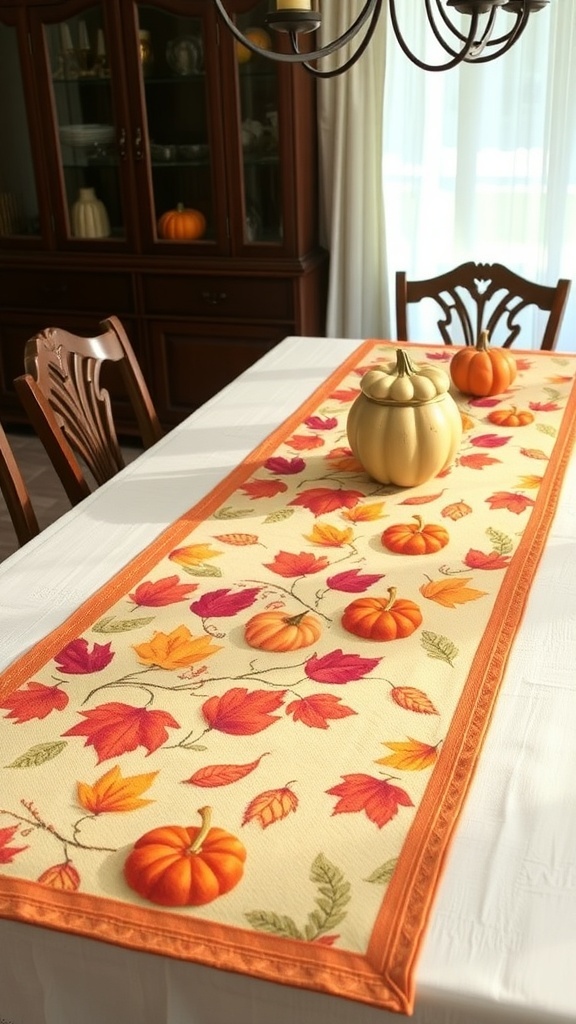 A fall-themed dining table with a layered table runner featuring leaves and pumpkins.