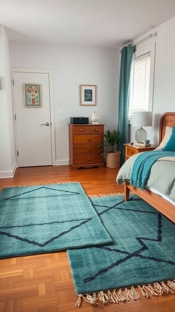 A cozy teal bedroom featuring layered teal rugs with geometric patterns.