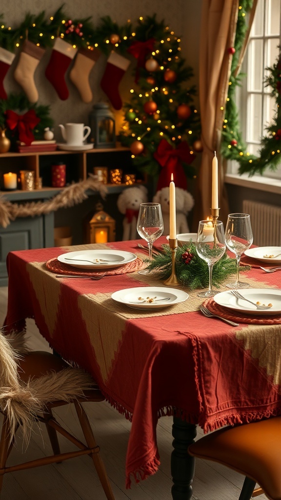 A beautifully decorated Christmas table with layered textiles, candles, and festive decor.