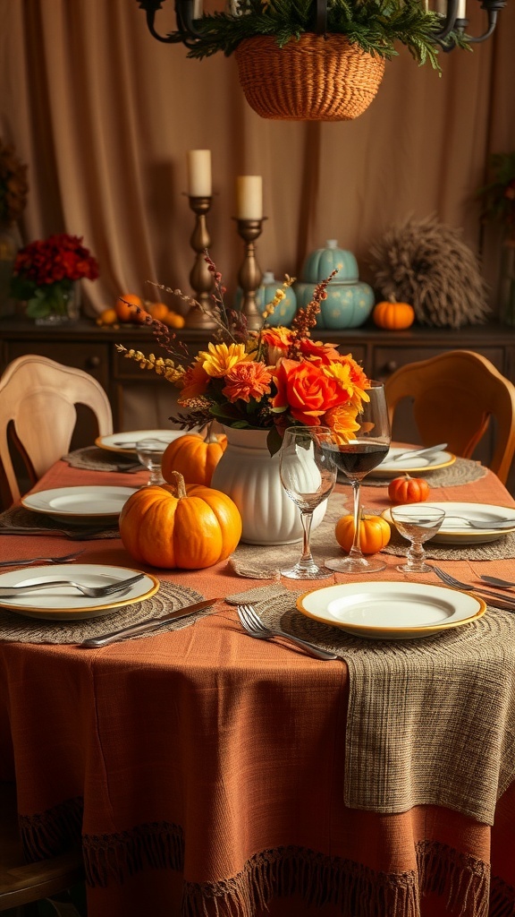 A cozy Thanksgiving table setting with layered textiles, pumpkins, and floral arrangements.