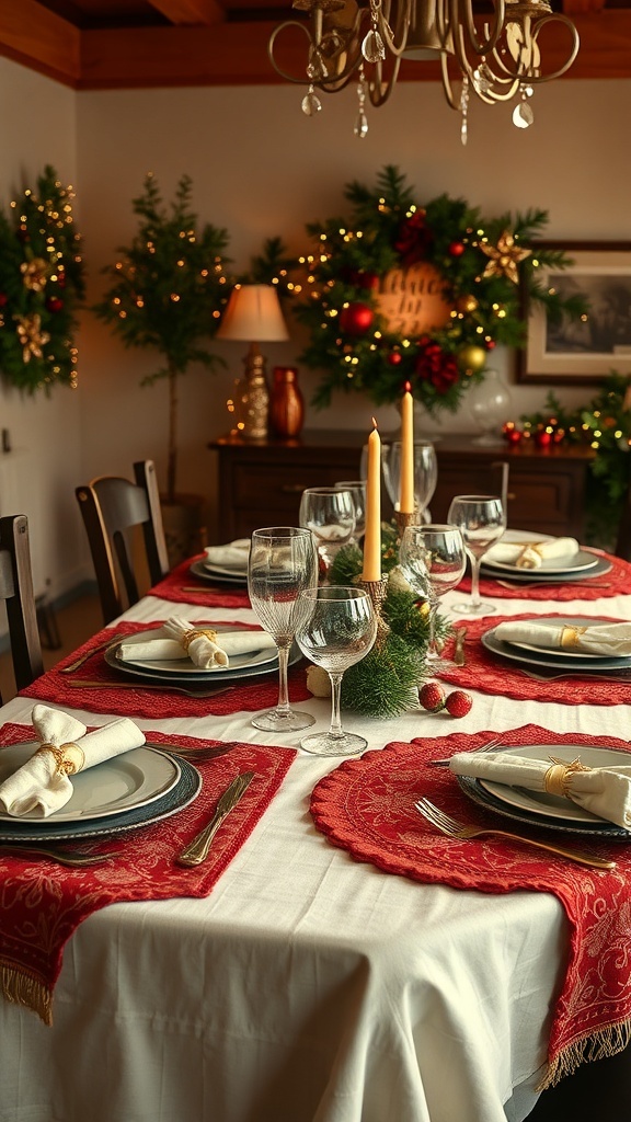A beautifully decorated dining table with layered textiles for Christmas.