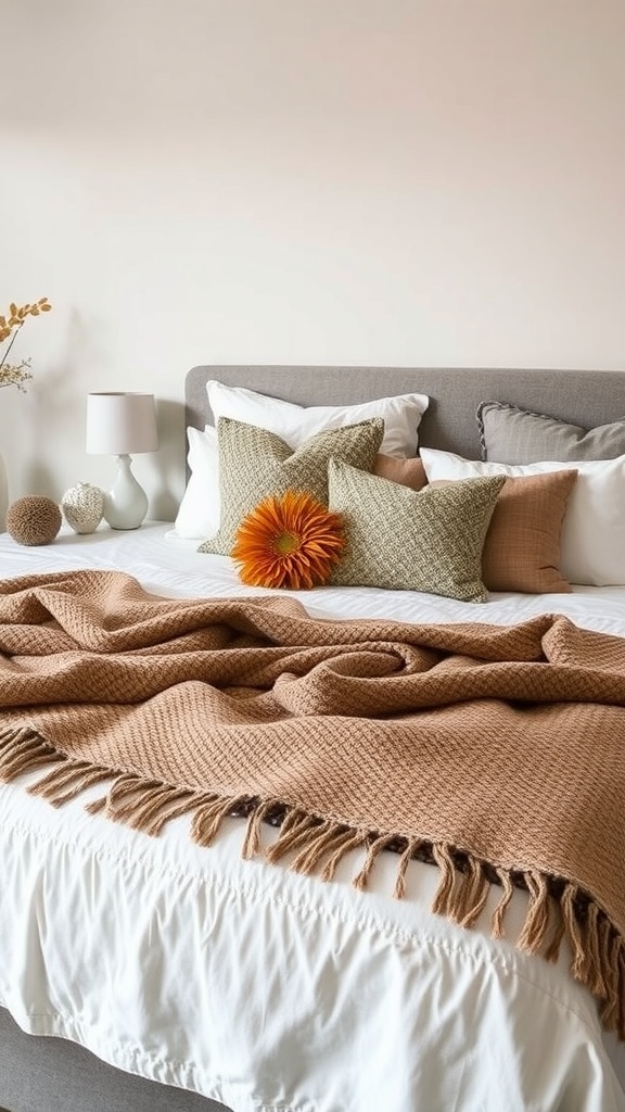 A cozy fall bedroom with layered textiles, featuring a bed with various pillows and throws, and autumn decorations.