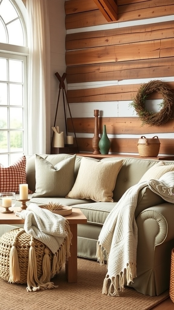 A cozy western farmhouse living room with layered textiles, including pillows and throws on a sofa.
