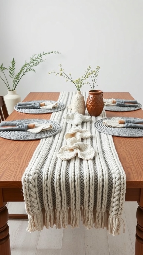 A cozy fall table setting with layered textiles, including a knitted table runner and round placemats.